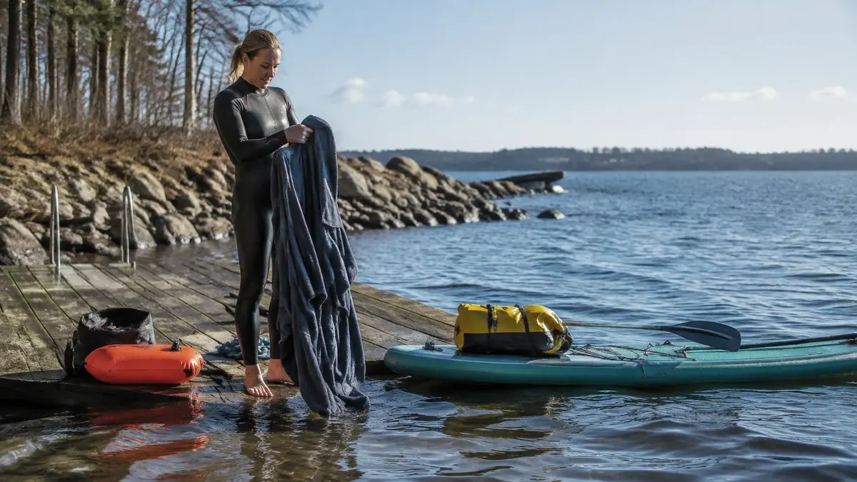 Grafisk motiv til guiden om badekåbe og poncho til vinterbadning på den danske badebro