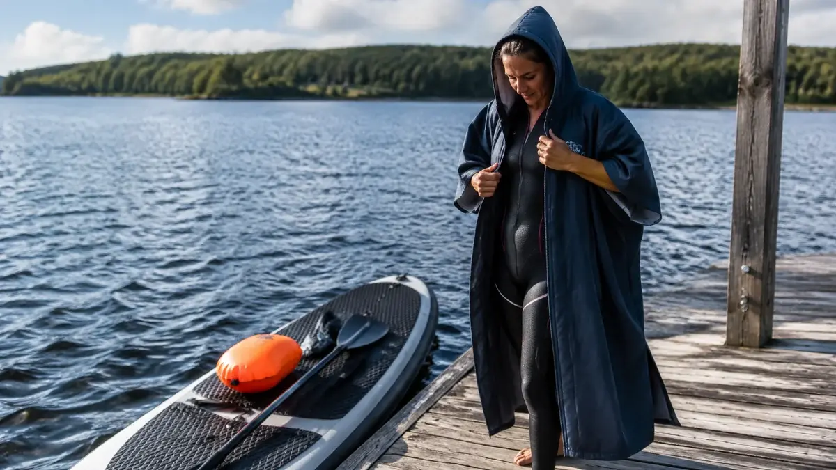 Grafisk motiv til guiden om badeponcho i microfiber og bomuld til strand, svømmehal og badebro